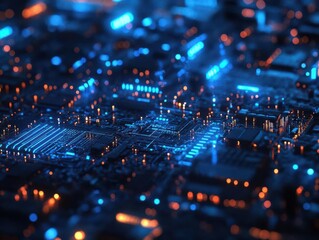 extreme close-up of advanced ai processor, iridescent circuit pathways glowing with blue light, hyper-detailed technological macro photography