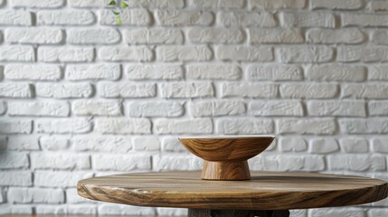 Wooden pedestal on kitchen table in front of white brick wall