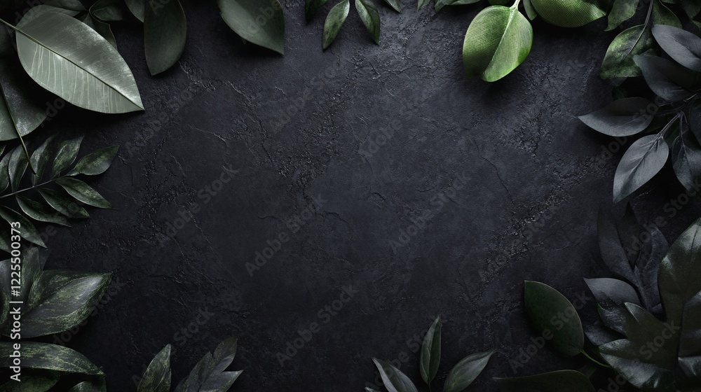 Poster green leaves bordering black textured background creating copy space