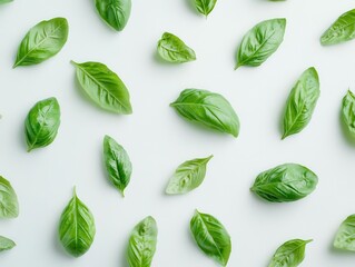 Fototapeta premium fresh vibrant basil leaves arranged artistically on pure white backdrop, macro photography highlighting delicate veins and textures, culinary composition
