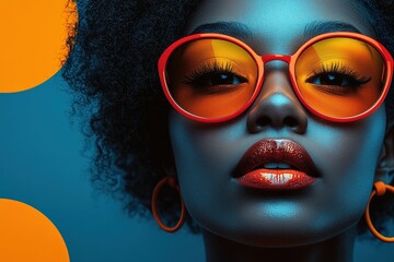 Vibrant portrait featuring a woman with bold sunglasses and striking makeup