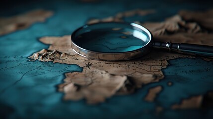 Magnifying glass on an ancient world map
