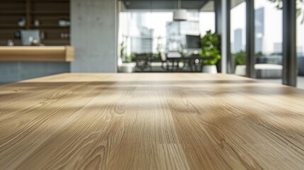 Fototapeta premium Wooden Table in Office Hall with Copy Space for Product Advertisement