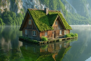 Fototapeta premium A serene, moss-covered house sits on a tranquil lake, surrounded by lush greenery and steep cliffs, reflecting nature's beauty.