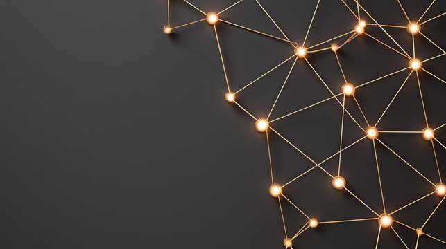 glowing network of interconnected nodes on dark background symbolizes digital connectivity and data flow. illuminated points and lines create futuristic and technological aesthetic