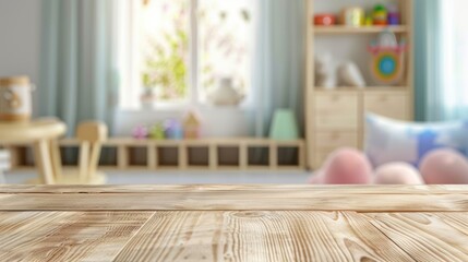 Wooden table with blurred child room background for product advertisement.