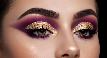 Naklejka premium Close-up of Glamorous Purple and Gold Eye Makeup with Sparkling Glitter