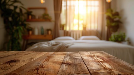 Wooden table with blurred bedroom interior for product advertising.