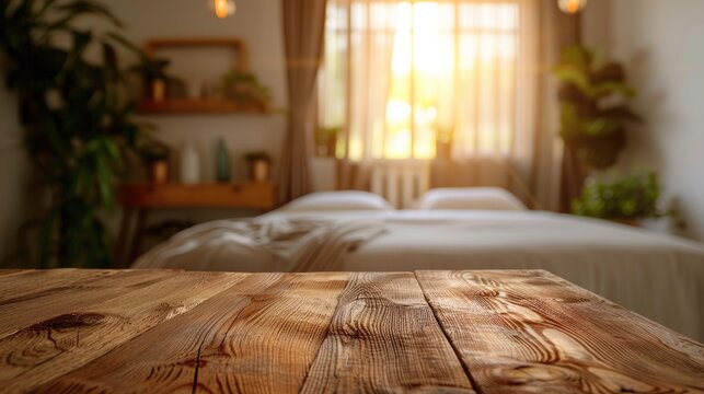 Wooden table with blurred bedroom interior for product advertising.