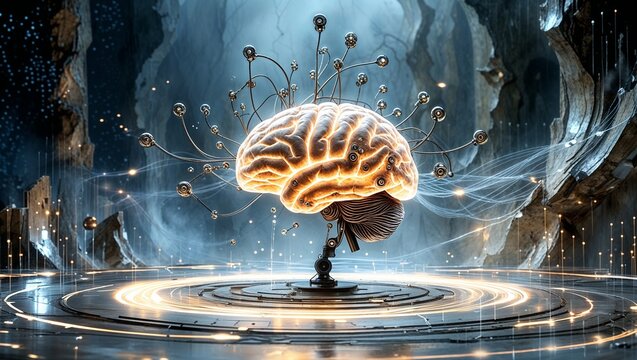 Glowing Biomechanical Brain Connected to Luminous Data Streams in Alien Terrain