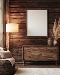 High-resolution boho interior with a minimalistic empty poster frame on a rustic wooden wall, complemented by a natural wood dresser and a cozy lamp, warm tones dominating the atmosphere