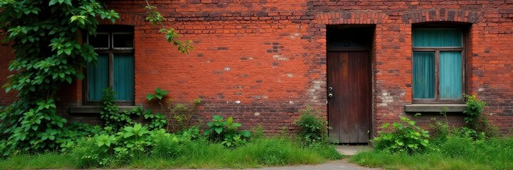 Weathered red brick facade with overgrown vegetation, weathered, nature, building