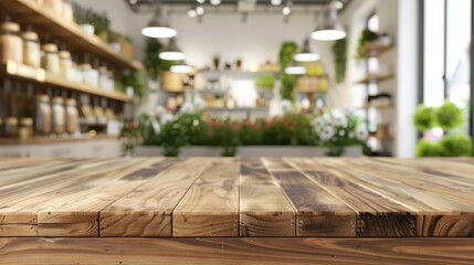 Wooden table with white backdrop, blank shelf over blurred restaurant setting, retail shop display surface