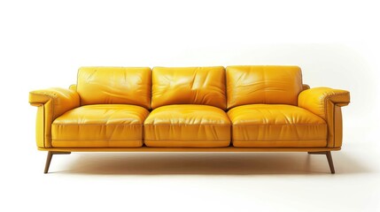 Fototapeta premium Yellow leather sofa with three seats on a white background, seen from the front.