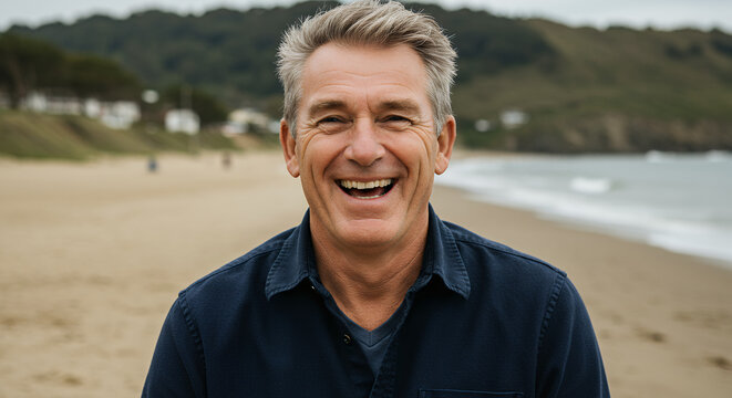 Happy Mature Man Smiling on Beach, Coastal Portrait