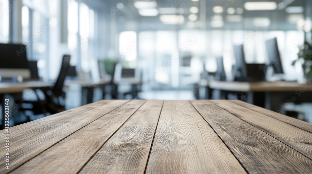 Poster Empty wooden table surface with a blurred modern office background featuring desks and computer screens. Ideal for showcasing products or workplace presentations