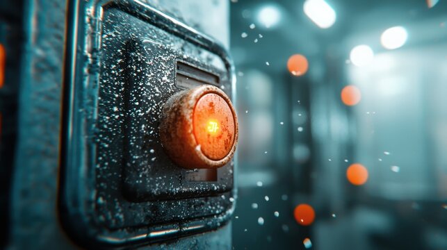 Closeup of an icy red button with glowing text on a frosty background