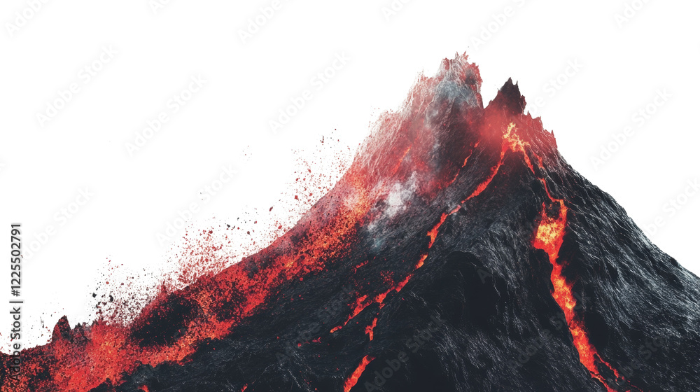 Poster a dramatic image of a volcano erupting with bright red lava flowing down its dark slopes against a b