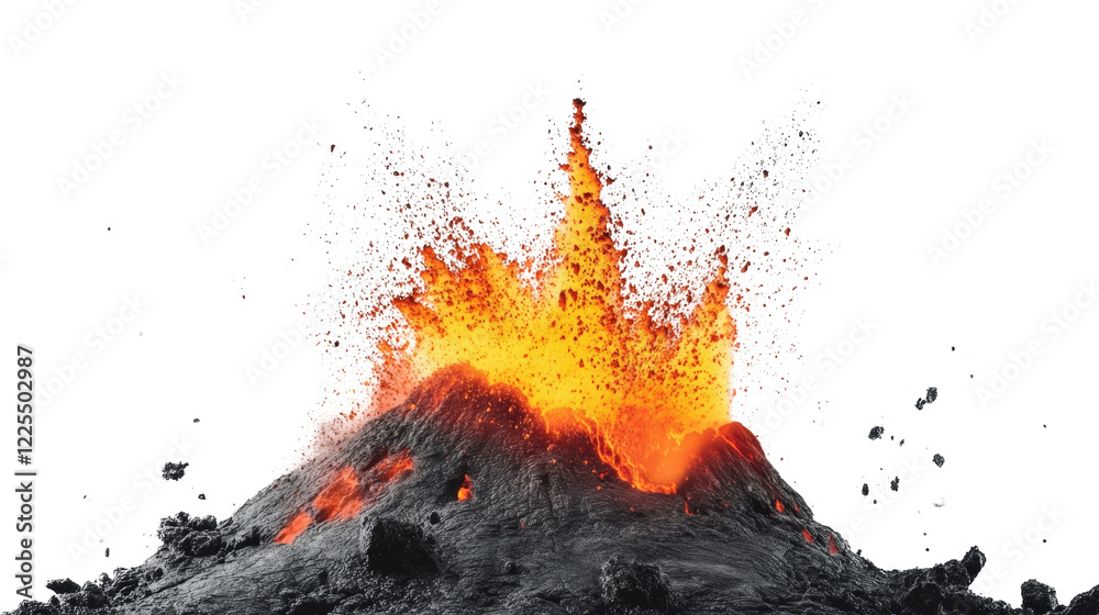 Poster A dramatic image depicting a volcanic eruption with incandescent lava exploding from the crater and splashing outwards.