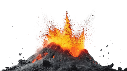 A dramatic image depicting a volcanic eruption with incandescent lava exploding from the crater and splashing outwards.