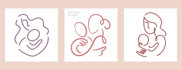 Obraz premium Mother and Baby One Line Drawing Breastfeeding Set
