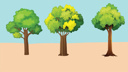 : Three different trees with varying foliage: green, green and yellow, and just green. The background is a light blue sky and a beige ground.