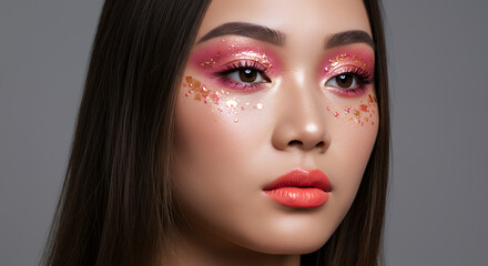 Fototapeta premium Stunning Asian Woman with Pink Glitter Makeup and Coral Lips