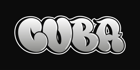 Bold graphic design featuring Cuba in stylized font with a metallic finish on a dark background