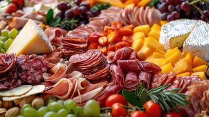 Assortment of meats, cheeses, fruits, and nuts attractively presented on a platter.