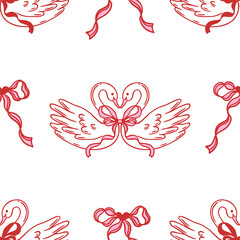 Seamless pink and red pattern featuring two elegant swans forming heart shape with bows. Perfect for romantic Valentines Day design, wedding. Vector background for wallpaper, textile, wrapping paper. © leila_divine