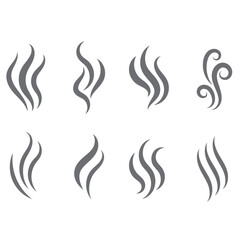 eight stylized icons representing steam or smoke, each with different curving lines and shapes, in a simple gray color.