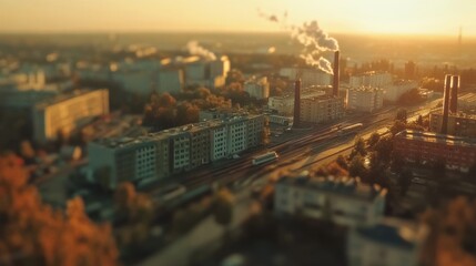 Golden Hour Cityscape Featuring Industrial Smokestacks