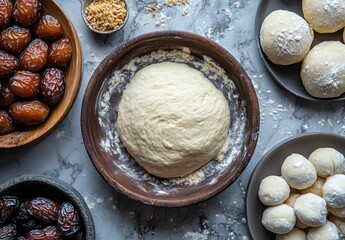 Fototapeta premium Fresh Dough Preparation Surrounded by Dates and Ingredients