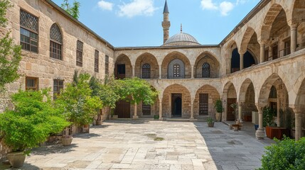 Fototapeta premium Ancient Mosque Courtyard Stone Architecture And Greenery