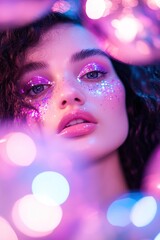 Obraz premium A woman with radiant skin and shimmering makeup gazes into the camera. Her curly hair, adorned with iridescent sparkles, is framed by colorful bokeh that enhances the magical atmosphere