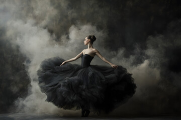 young ballet dancer, dancing in a room full with fog, Studio photo of a ballerina