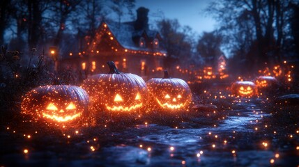 Fototapeta premium Enchanted Halloween Night: Jack-o'-lanterns Illuminate a Mystical Village