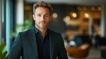 Fototapeta premium A tech-savvy male business professional in a fitted dark green blazer over a black shirt, standing in front of a blurred contemporary office with sleek decor,