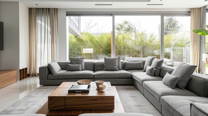 Bright living room with grey sofas and coffee table