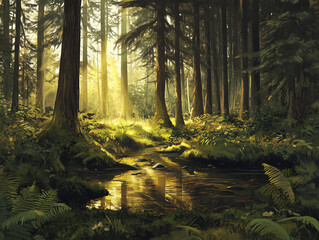 Sunlit Forest with a Tranquil Stream &ndash; Serene Woodland Landscape Painting