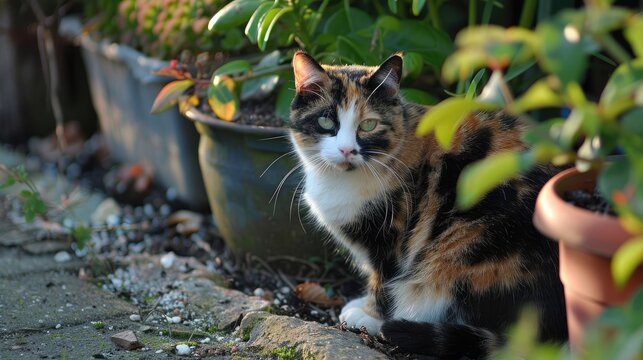 Calico cat sitting by pot in garden, gazes at camera