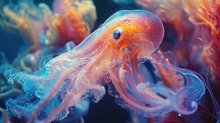 Obraz premium Squids - Intricate underwater shots of squids, highlighting their fluid movement, vibrant colors, and unique anatomy in deep-sea ecosystems. 