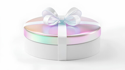 white gift box with ribbon holographic Iridescent  white background 