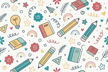 Colorful back-to-school pattern; pencils, books, stationery; website background
