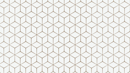 Luxury repeating geometric pattern of hexagons and cubes outlined in gold on a white background.