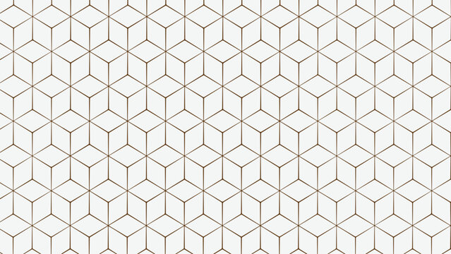 Luxury repeating geometric pattern of hexagons and cubes outlined in gold on a white background.