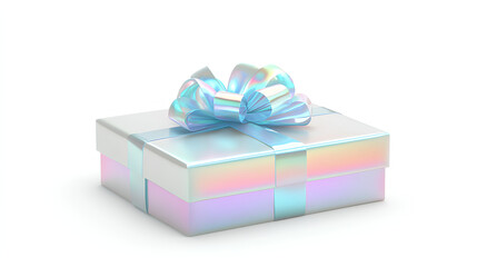 Obraz premium white gift box with ribbon holographic Iridescent white background 