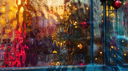 Obraz premium Christmas Scene Reflected in Window: Bright and Festive, Vague and Abstract