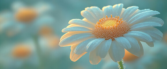 Closeup of Dew-Covered White Daisy Flower in Soft Light