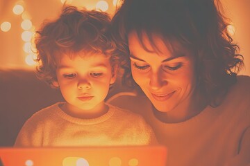 parent helping child navigate tablet with parental control app their faces illuminated by vibrant interface and warm